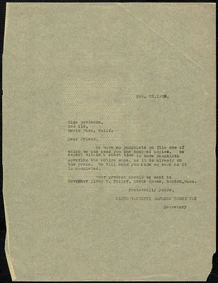 Sacco-Vanzetti Defense Committee typed note (copy) to Olga Robinson, Boston, Mass., November 22, 1926