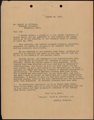 Frank H. Carlisle typed letter (copy) to Harold P. Williams, [Dedham, Mass.?], August 24, 1923