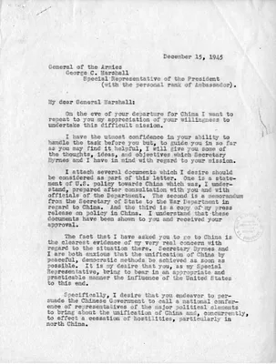 Memorandum from President Harry S. Truman to General George C. Marshall, with Attachments