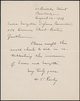 H. T. Rowley autograph note signed to Sacco-Vanzetti Defense Committee, Cambridge, Mass., August 14, 1927
