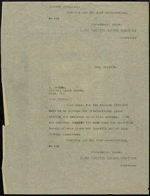Sacco-Vanzetti Defense Committee typed note (copy) to H. Perken (Central Labor Union), Boston, Mass., November 26, 1926