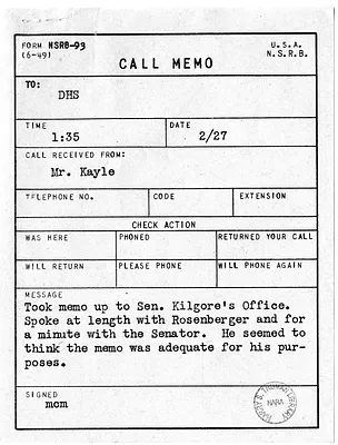 Call Memorandum from Milton Kayle to David Stowe, with Attached Memorandum from Charles S. Murphy to Senator Harley Kilgore