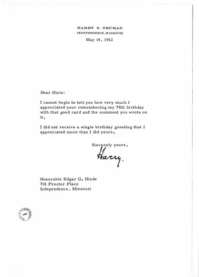 Letter from Harry S. Truman to Edgar Hinde