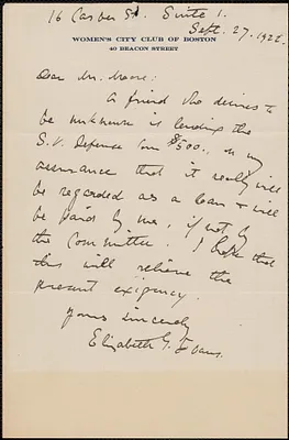 Elizabeth G[lendower] Evans autograph letter signed to [Fred H.] Moore, Boston, Mass., September 27, 1922