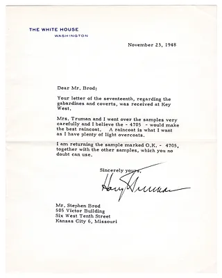 Letter to Stephen Brod from President Harry S. Truman
