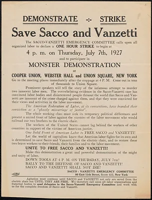 Sacco-Vanzetti Emergency Committee printed handbill, New York, N. Y, [June? 1927]