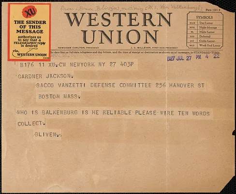 Bruce Bliven telegram to Gardner Jackson, New York, N.Y., July 27, 1927