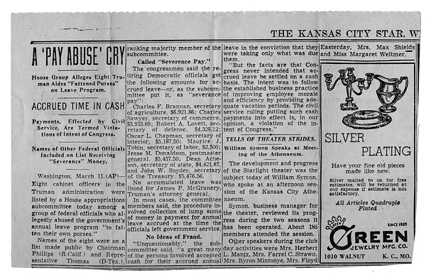 Newspaper Clipping from the Kansas City Star, "A 'Pay Abuse' Cry"