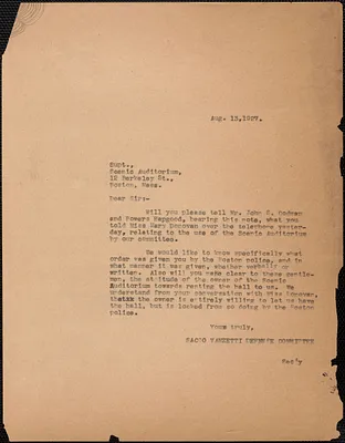 Sacco-Vanzetti Defense Committee typed letter (copy) to the superintendent of the Scenic Auditorium, Boston, Mass., August 13, 1927