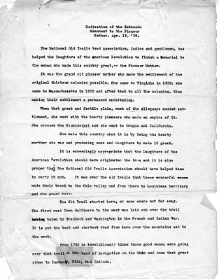 Speech by Judge Harry S. Truman, Dedication of the Bethesda Monument to the Pioneer Mother
