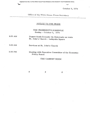 President's Schedule, Sunday, October 6, 1974