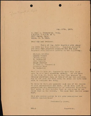 Frank R. Lopez (Sacco-Vanzetti Defense Committee) typed letter (copy) to F. Paul. A. Vaccarelli (International Hod Carriers', Building and Common Laborers' Union of America), Boston, Mass., August 27, 1923