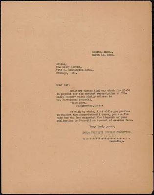 Amleto Fabbri (Sacco-Vanzetti Defense Committee) typed letter (copy) to Editor, The Daily Worker, Boston, Mass., March 12, 1925