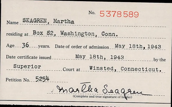 Naturalization Index, Litchfield County Superior Court, 1907-1972, Seagren-Zwick