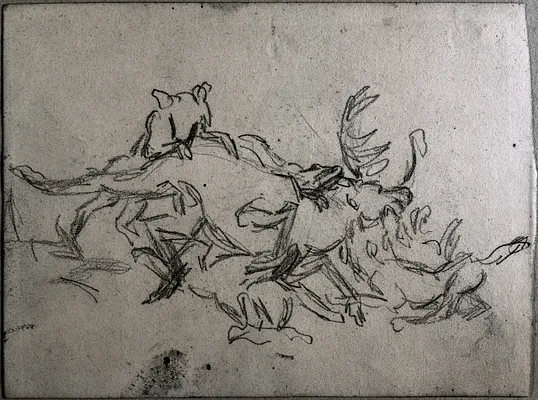Sketch of Dogs Attacking an Elk