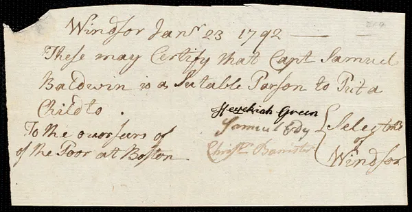 William Stephens indentured to apprentice with Samuel Baldwin of Windsor, 31 January 1792