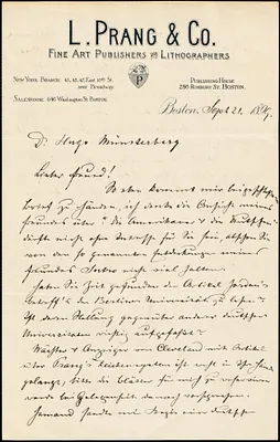 Prang, Louis, 1824-1909 autograph letter signed to Hugo Münsterberg, Boston, 21 September 1899
