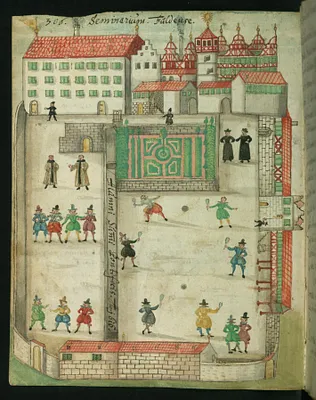 Page from Liber Amicorum of Joannes Carolus Erlenwein: Men at Play on the Grounds of the Seminary at Fulda