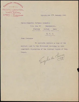 Virgilio de Sousa (Federação Anarcquista) typed note signed to Sacco-Vanzetti Defense Committee, Lisbon, Portugal, January 3, 1925