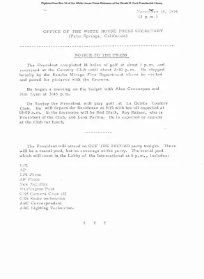 President played golf, and travel pool for November 13 [Pool Assignments]