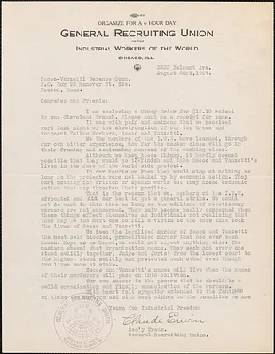 Claude Erwin (General Recruiting Union. Industrial Workers of the World) typed letter signed to Sacco-Vanzetti Defense Committee, Chicago, Ill., August 23, 1927