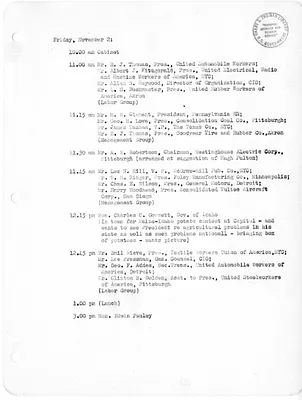 Daily Appointment Sheet for President Harry S. Truman