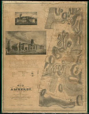 A map of Amherst with a view of the college and Mount Pleasant Institution