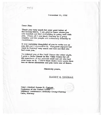 Correspondence Between Rear Admiral James Foskett and President Harry S. Truman