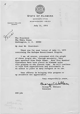 Letter from George C. Wallace, Governor of the State of Alabama, to President Gerald R. Ford concerning the Indochina refugee resettlement program.
