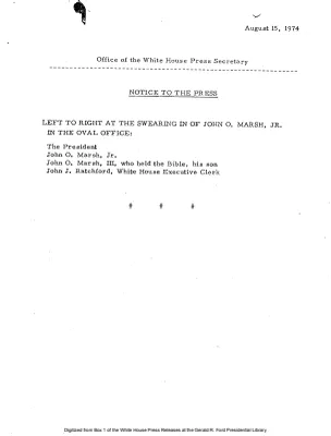 Participants at the Swearing In of John O. Marsh, Jr. in the Oval Office [Meeting Attendee List]