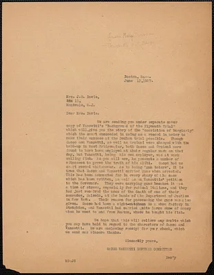 Mary Donovan (Sacco-Vanzetti Defense Committee) typed letter (copy) to Jeanette S. Davis, Boston, Mass., June 13, 1927