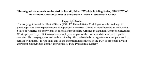 Weekly Briefing Notes, 5/10/1976