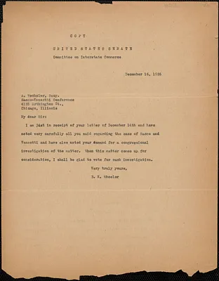 B. K. Wheeler (Committee on Interstate Commerce, United States Senate) typed note to A. Wechsler (Sacco-Vanzetti Conference, Chicago), [Washington, D. C.], December 16, 1926