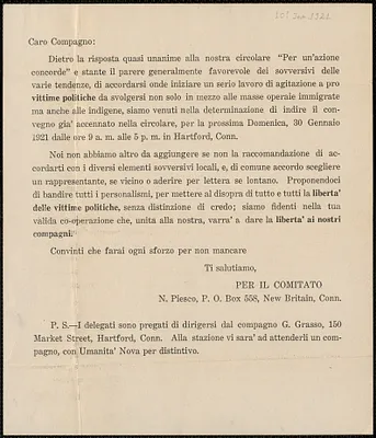 N. Piesco printed circular, in Italian, to Sacco-Vanzetti Defense Committee, New Britain, Conn., January 10, 1921