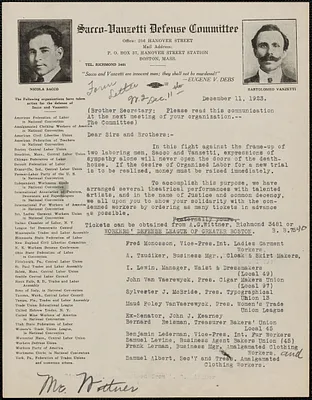 Sacco-Vanzetti Defense Committee typed letter (circular) to Brother Secretary, Boston, Mass., December 11, 1923