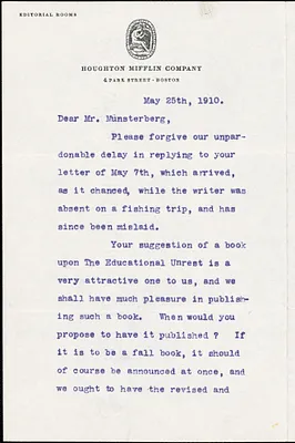 Greenslet, Ferris, 1875-1959 typed letter signed to Hugo Münsterberg, Boston, 25 May 1910