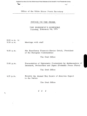 President's Schedule, Tuesday, February 24, 1976