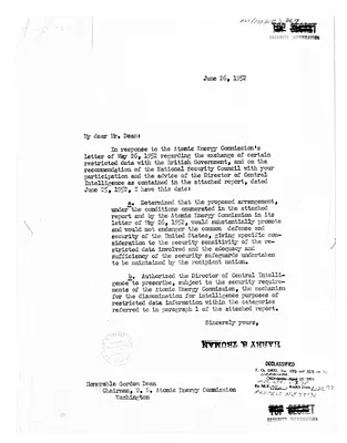 Letter from President Harry S. Truman to Gordon Dean