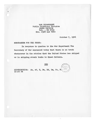 War Department Press Release