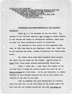 Address Before The Chiefs Of The Diplomatic Missions From The Other American Republics, On The Occasion Of Columbus Day