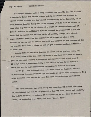 Sacco-Vanzetti Defense Committee press release, [Boston, Mass.], August 20, 1927