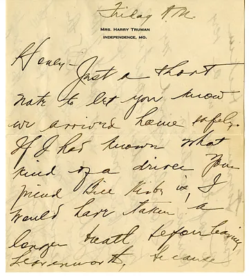Letter from Bess W. Truman to Harry S. Truman