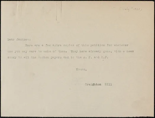 Creighton Hill typed note to Gardner Jackson, [July? 1927]
