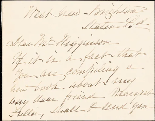 Sarah B. Shaw autograph note signed to Thomas Wentworth Higginson, Staten Island, N. Y., 9 May 1884