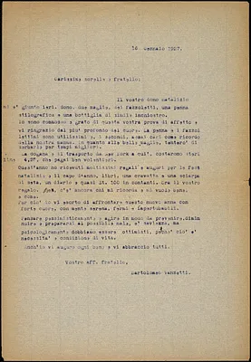 Bartolomeo Vanzetti typed letter (copy) to Luigia and Vincenzina Vanzetti and Ettore Vanzetti, [Charlestown], 16 January 1927