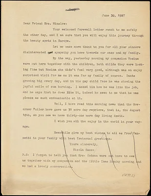 Nicola Sacco typed letter (copy) to [Gertrude L.] Winslow, [Dedham], 30 June 1927
