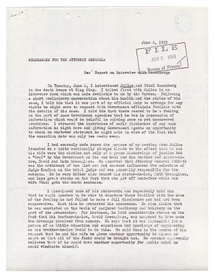 Memorandum from James Bennett to Herbert Brownell with Report of Interview with Julius and Ethel Rosenberg