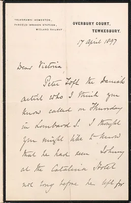 Richard B. Martin autograph letter signed to Victoria [Woodhull Martin], Tewkesbury, England, April 17, 1897
