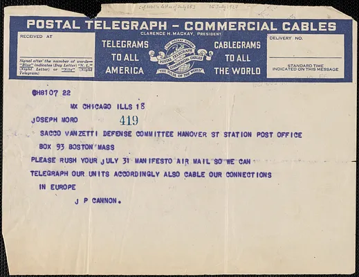 James P. Cannon (International Labor Defense) telegram to Joseph Moro, Chicago, Ill., July 16, 1927