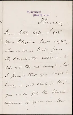 [John Biddulph Martin] autograph note to [Victoria Woodhull Martin], Manchester, [England], approximately 1883-1897
